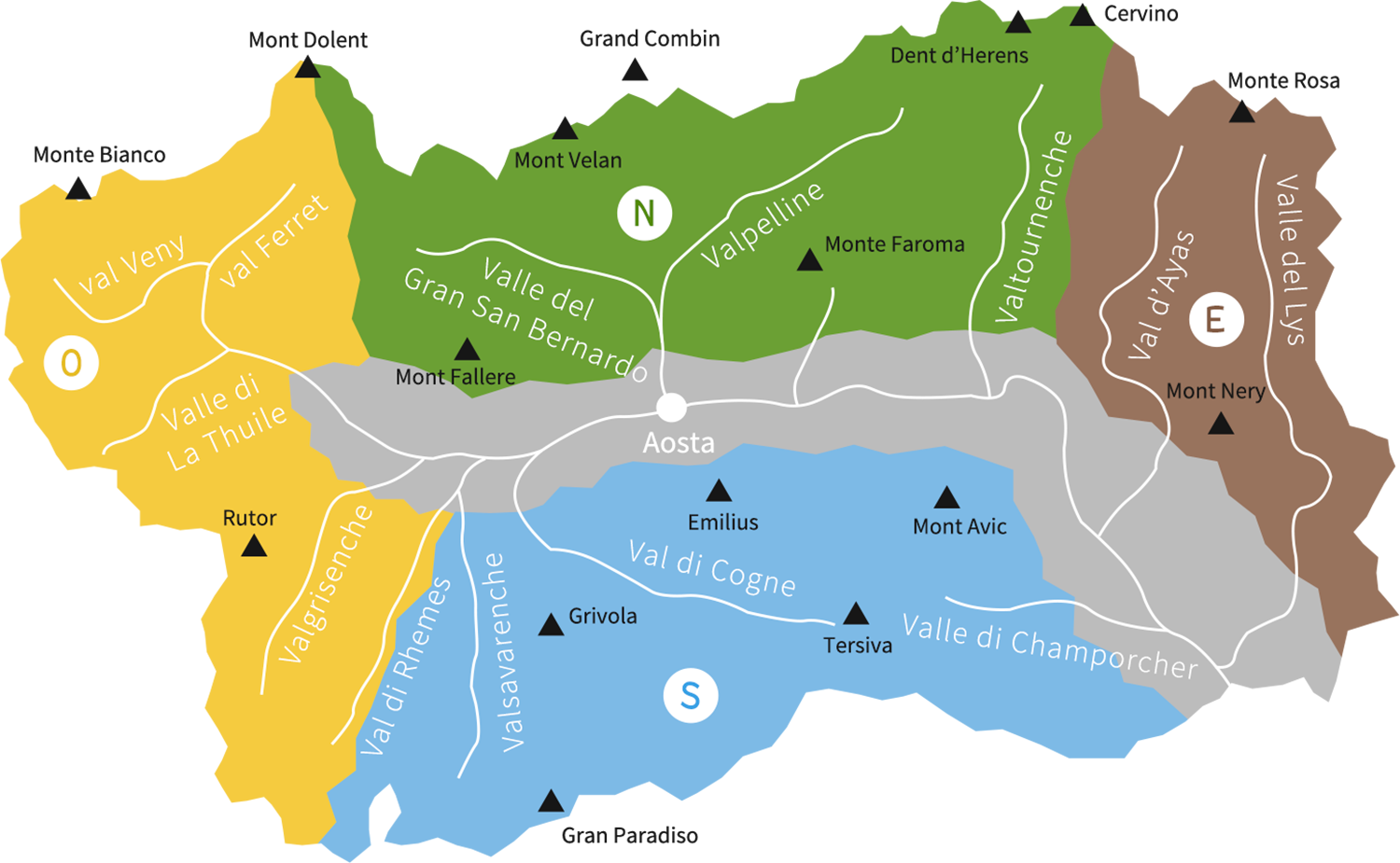 Immagine Valle d'Aosta con separazione delle 4 zone Nord, Sud, Ovest ed Est