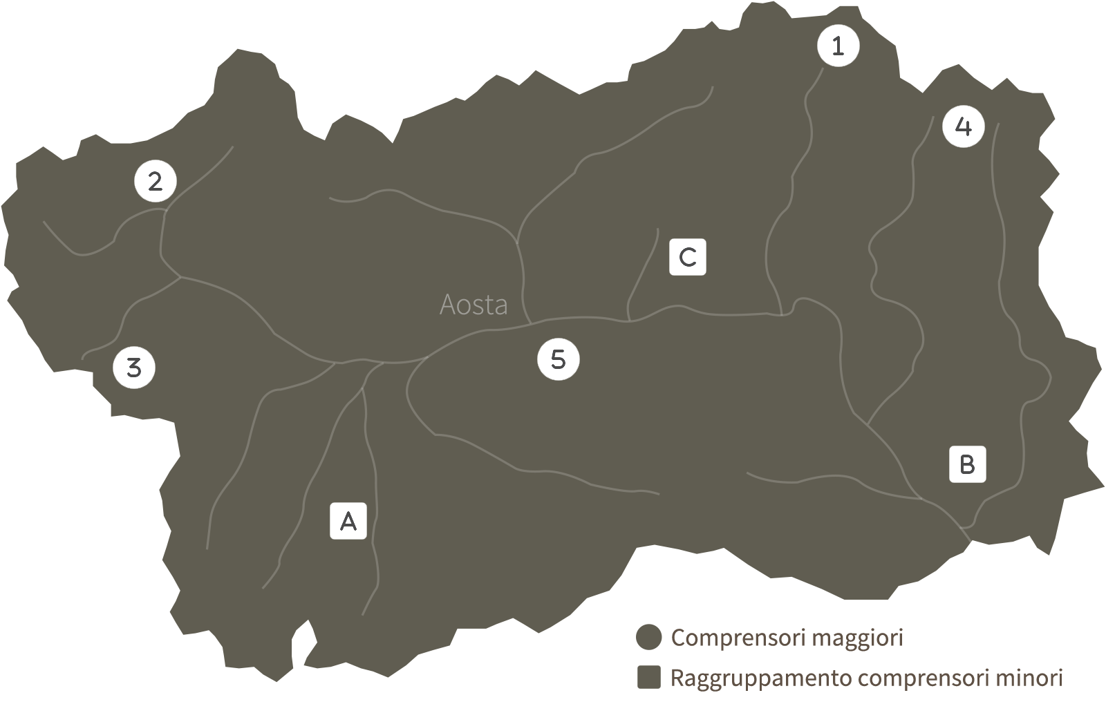 mappa della valle d'Aosta con sopra i punti che geolocalizzano i comprensori sciistici